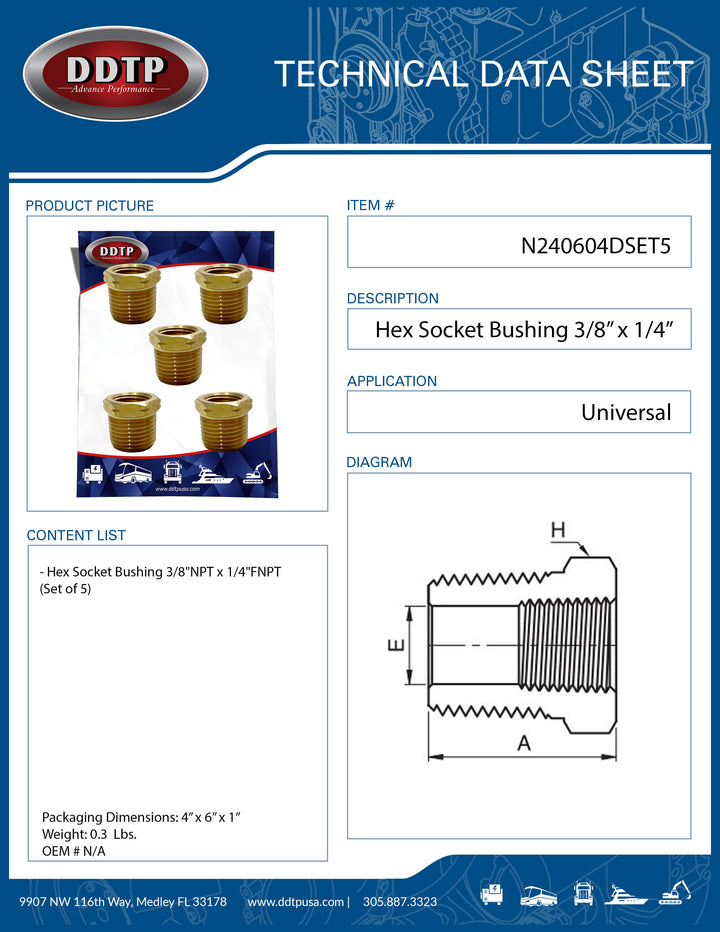 Hex Socket Bushing 3/8"NPT x 1/4"FNPT (Set of 5)