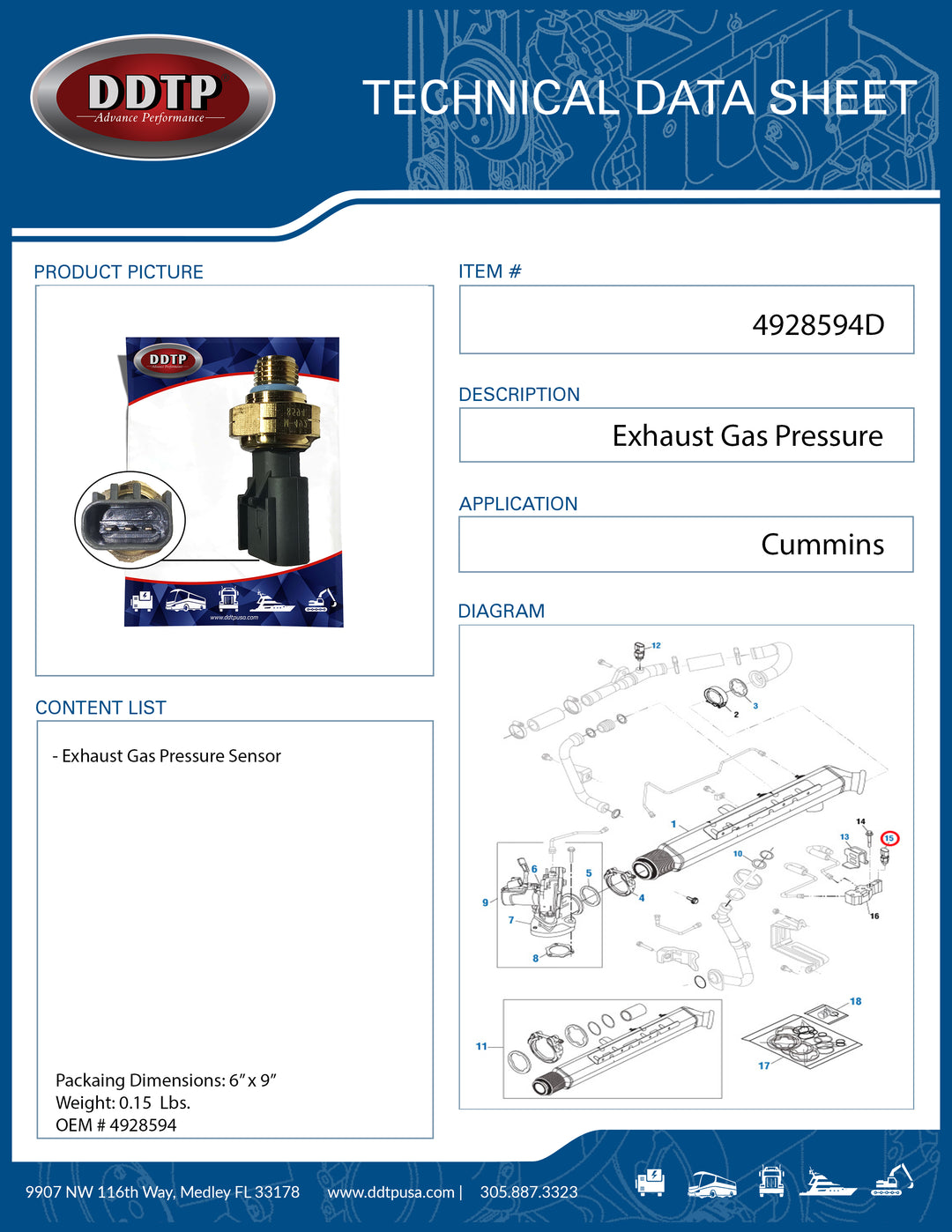Exhaust Gas Pressure Sensor Cummins (4928594)
