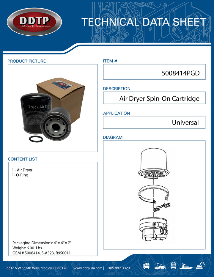 Air Dryer Spin-On Cartridge W/ Oil Coalescing Media (1000, 1200)(R950011)(955205D)