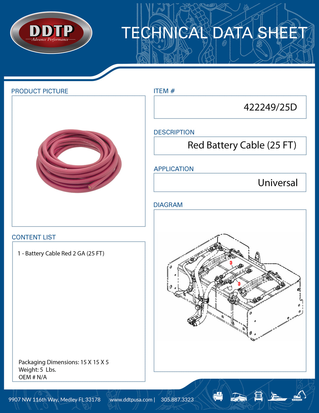 Battery Cable Red 2 GA  25 FT ( 422249/25D )