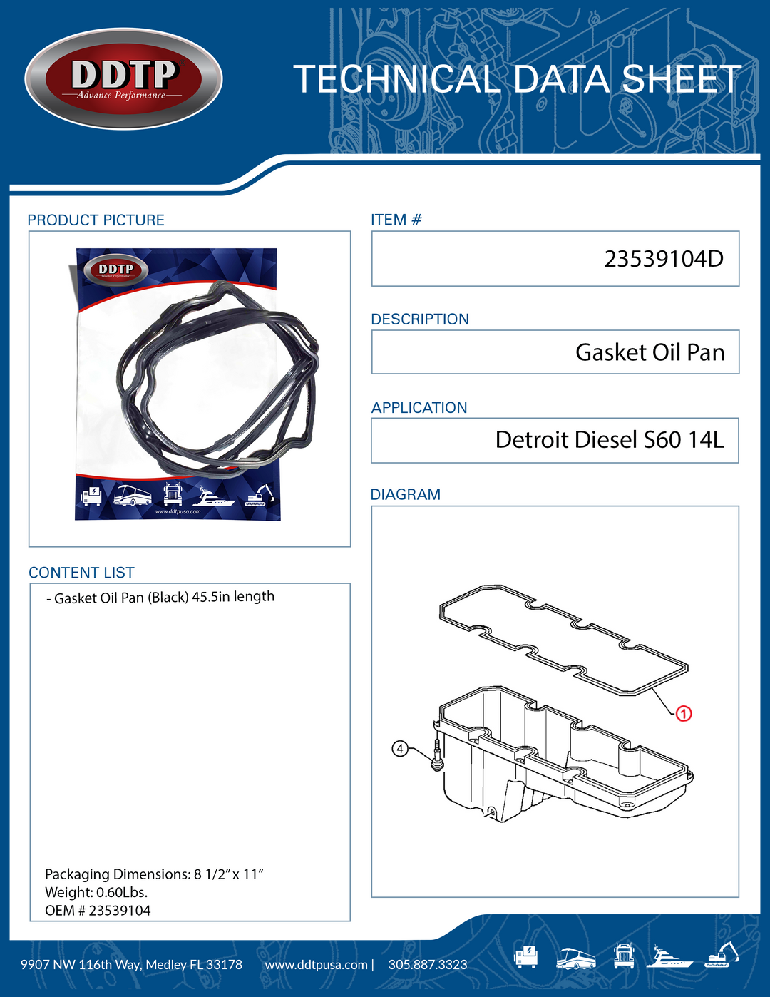 Oil Pan Gasket Black for Detroit Diesel Engine Series 60 12.7 & 14L (23539104)