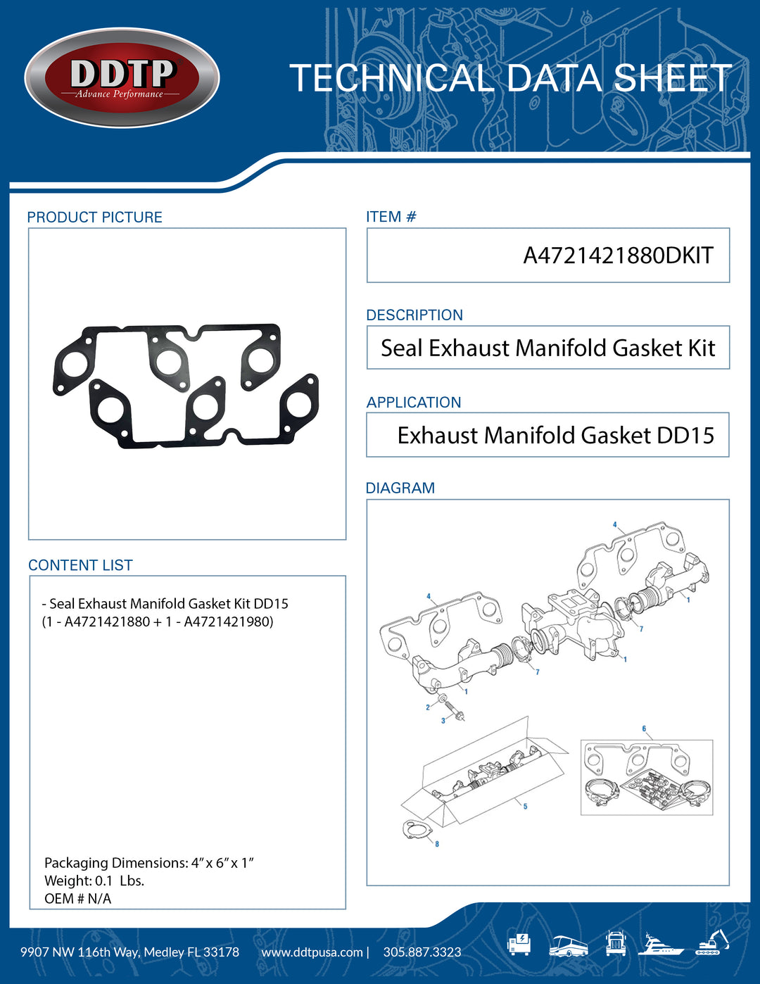 Seal Exhaust Manifold Gasket Kit DD15 (1- A4721421880 + 1- A4721421980)