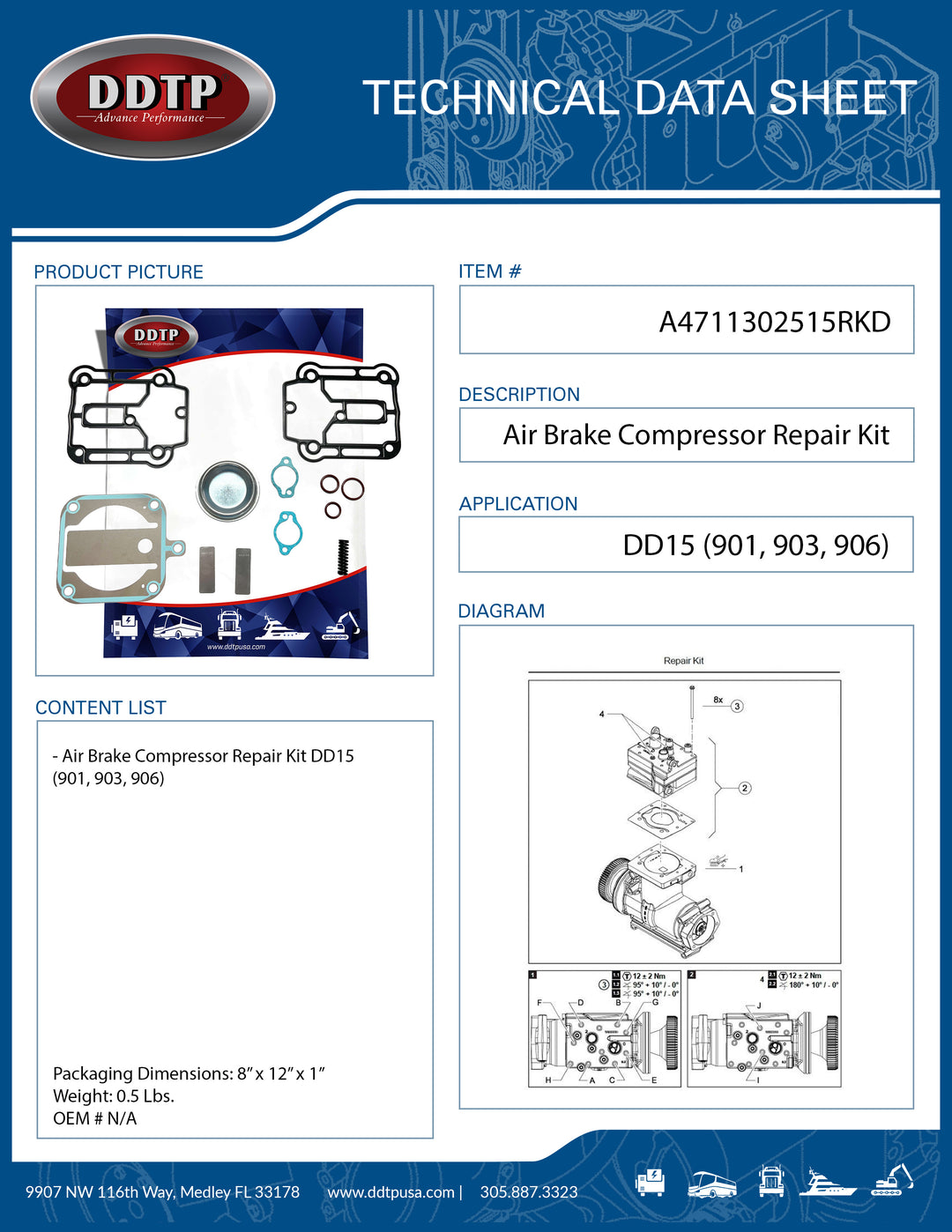 Kit de reparación del compresor de freno de aire DD15 (901, 903, 906)
