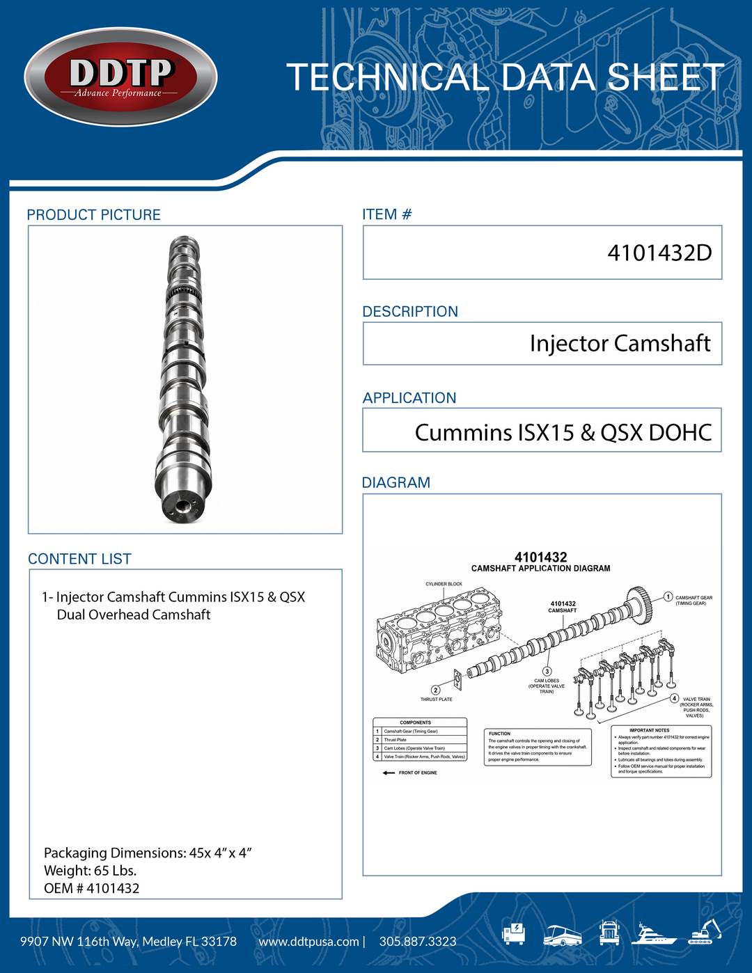 Injector Camshaft for Cummins ISX15 & QSX Dual Overhead Camshaft Engines