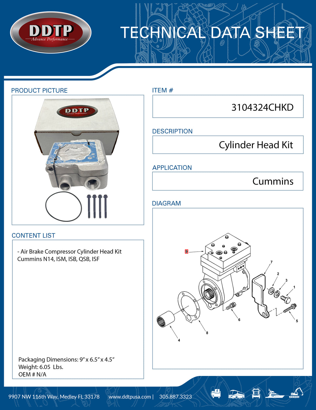 Air Brake Compressor Cylinder Head Kit Cummins N14, ISM, ISB, QSB, ISF
