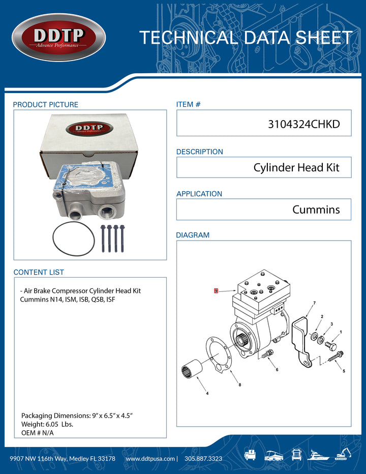Air Brake Compressor Cylinder Head Kit Cummins N14, ISM, ISB, QSB, ISF