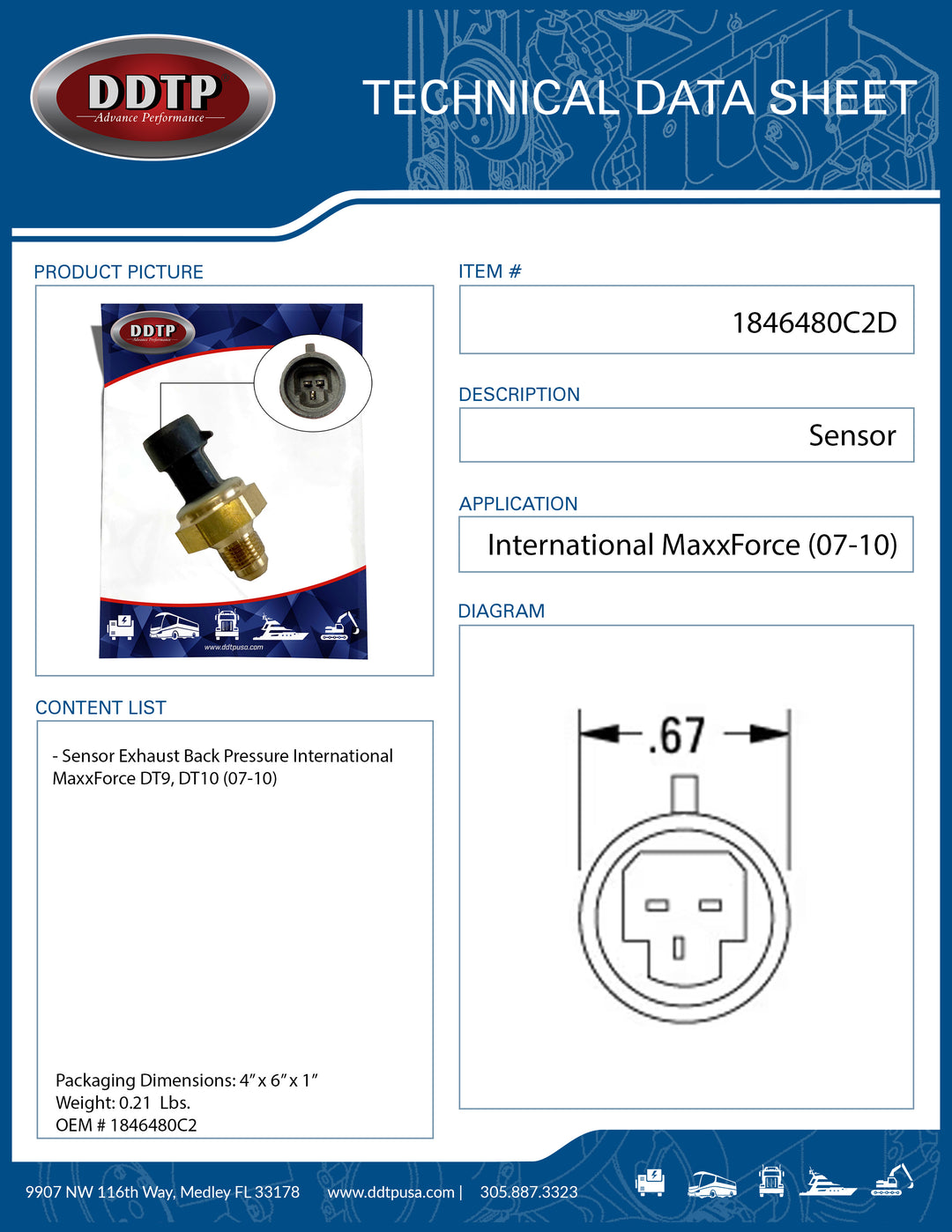 Sensor Exhaust Back Pressure International MaxxForce DT9, DT10 (07-10)