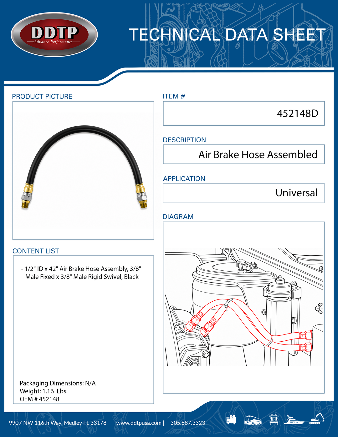 1/2" ID x 42" Air Brake Hose Assembly, 3/8" Male Fixed x 3/8" Male Rigid Swivel, Black