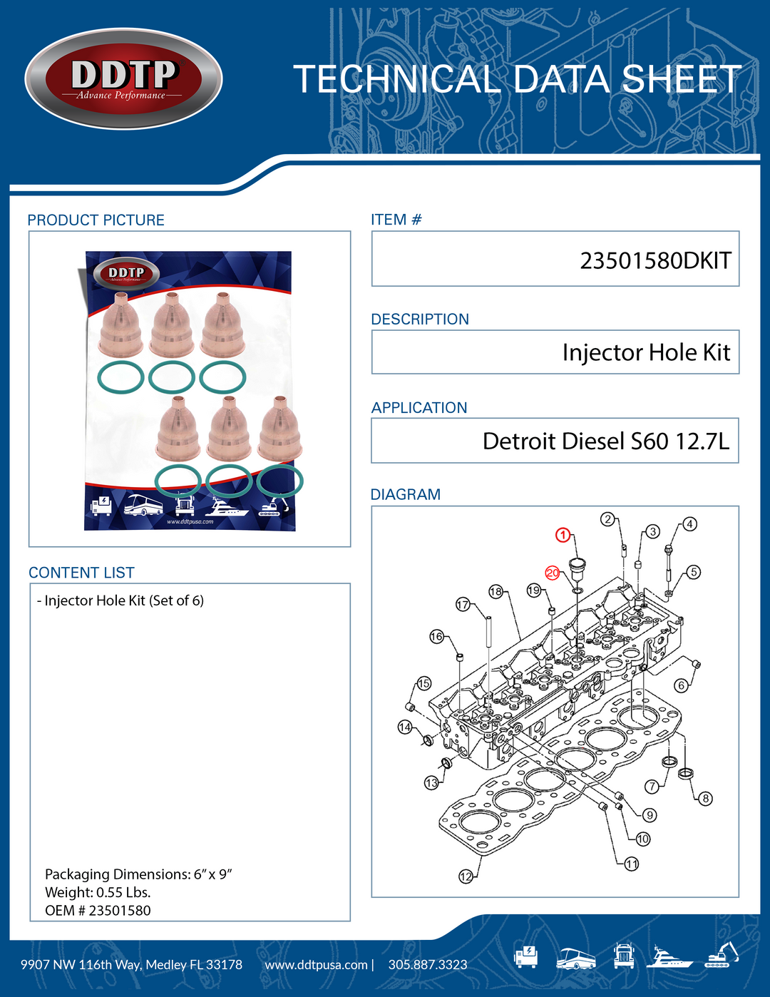 Injector Hole Kit S60 12.7L Set of 6 (23501580)