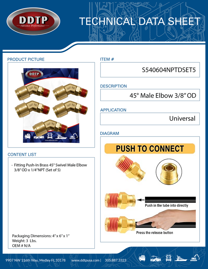 Codo macho de 45° de 3/8" de diámetro exterior x 1/4" NPT (juego de 5)