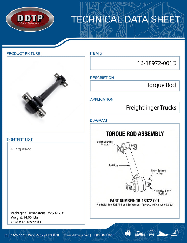 Heavy Duty Torque Rod for Freightliner Airliner Suspension | 23.81" Center-to-Center (16-18972-001)