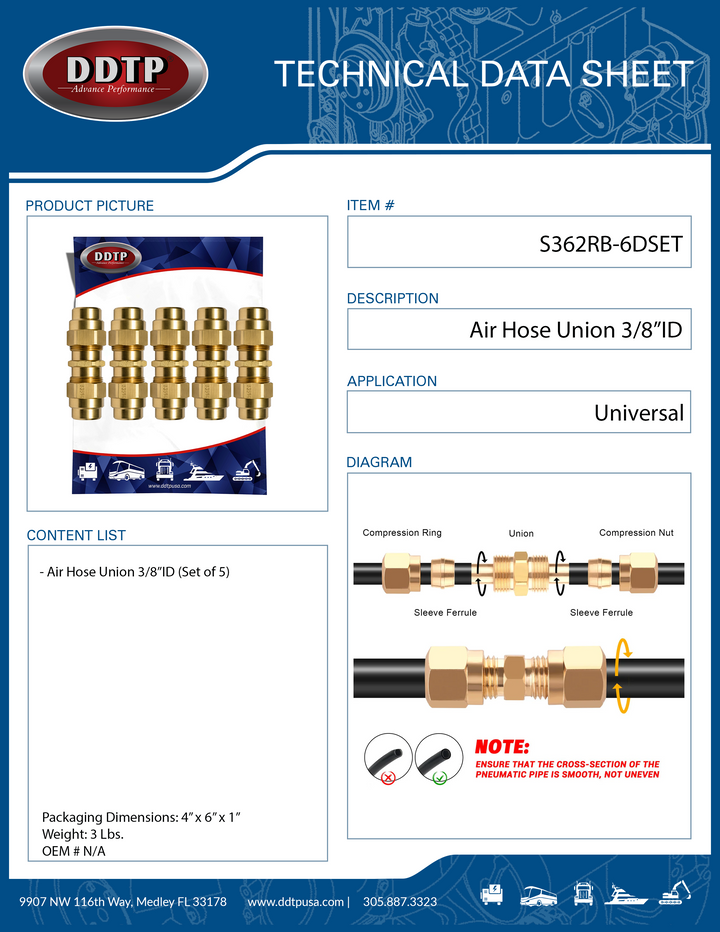 Air Brake Fitting Inch Hose Union 3/8" ID (Set of 5)