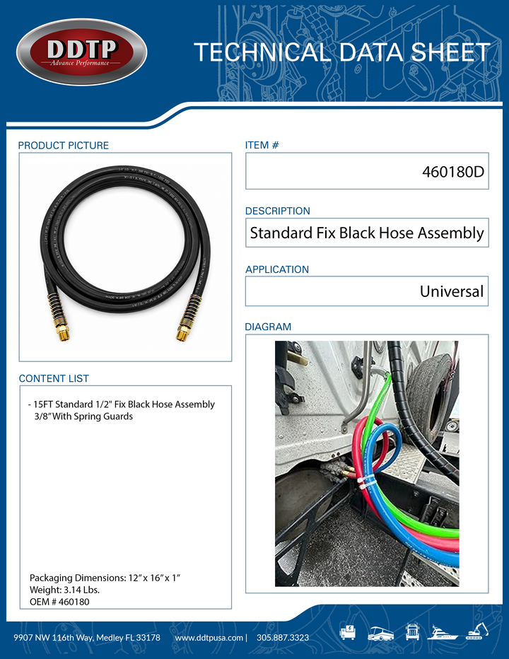 15FT Standard 1/2" Fix Black Hose Assembly 3/8” With Spring Guards