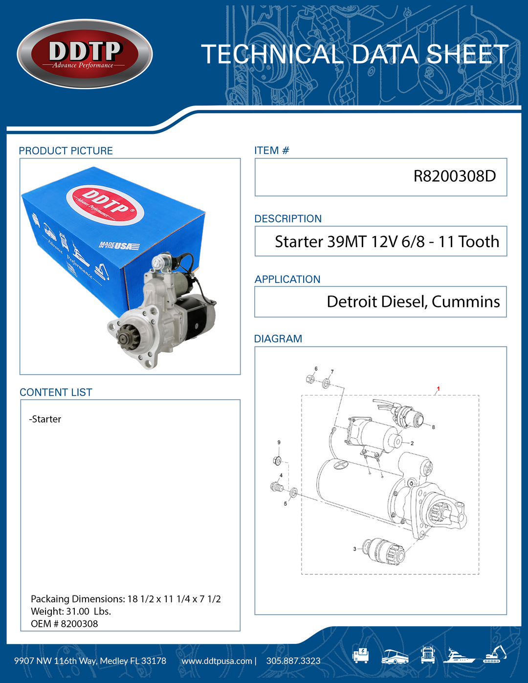 Starter Reman 39MT 12V 6/8 - 11 Tooth Drive ( 8200308 )