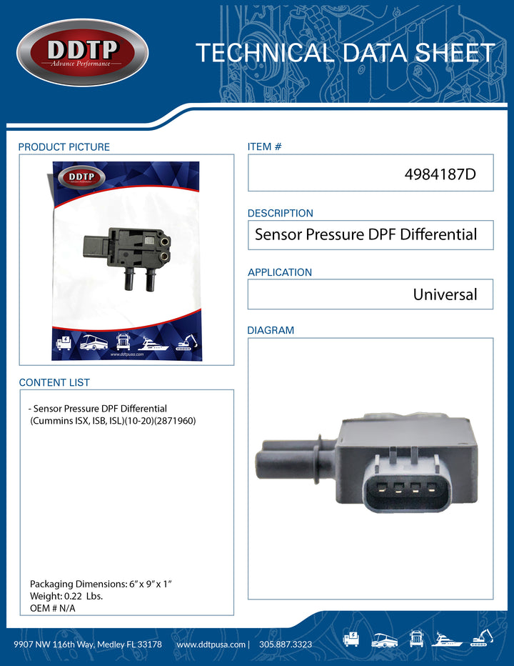 Sensor Pressure DPF Differential (Cummins ISX, ISB, ISL)(10-20)(2871960)