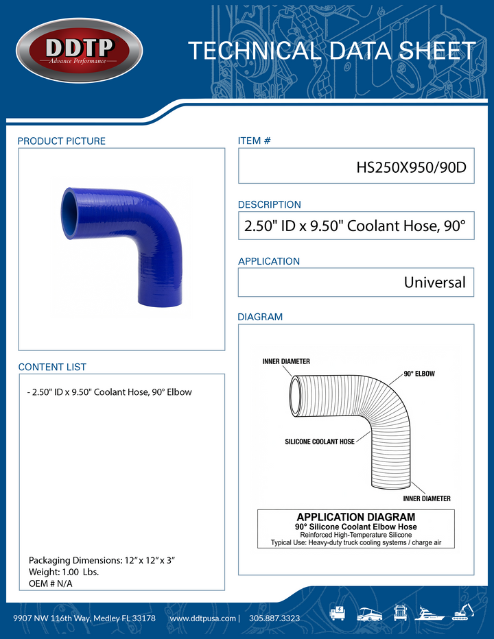 2.50" ID x 9.50" Long Silicone Coolant Hose, 90 Degree Elbow