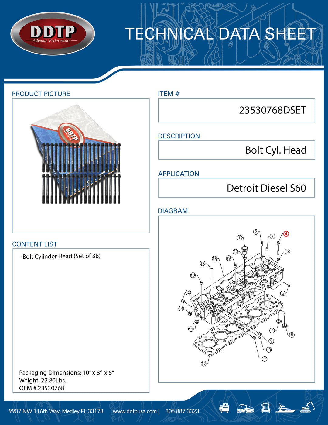 Bolt Cylinder Head for Detroit Diesel S60 (38 Pack) (23530768)