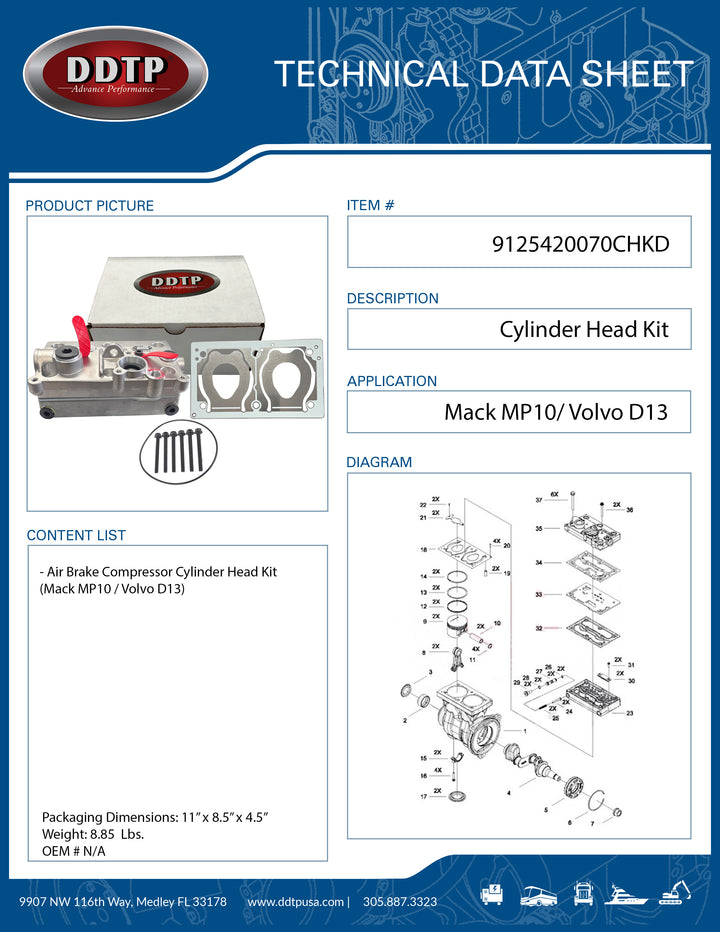 Air Brake Compressor Cylinder Head Kit (Mack MP10 / Volvo D13)