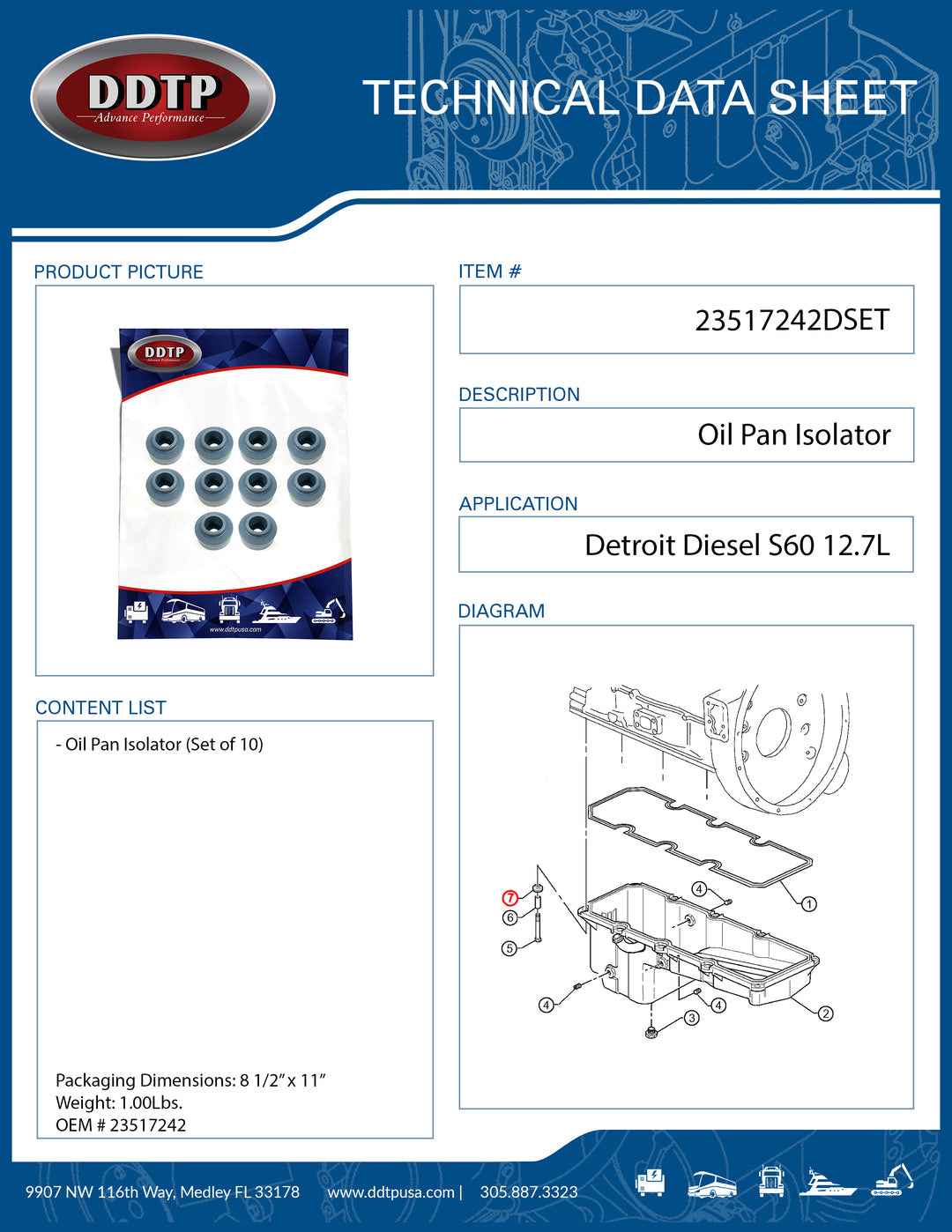 Oil Pan Isolator for S60 Detroit Diesel S60 12.7L Set of 10 ( 23517242 )