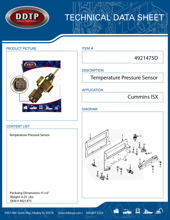 Sensor Pressure Temperature Cummins ISX (4921475)