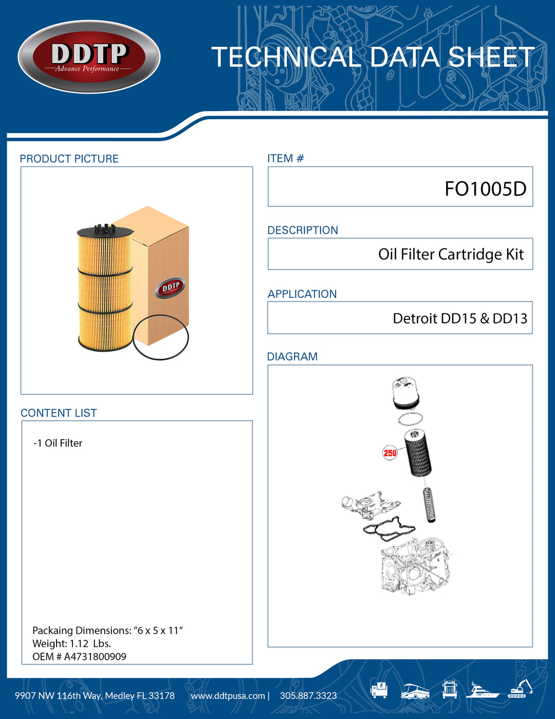 Oil Filter Cartridge Kit DD15, DD13 ( A4731800909, P551005, LF17511 )