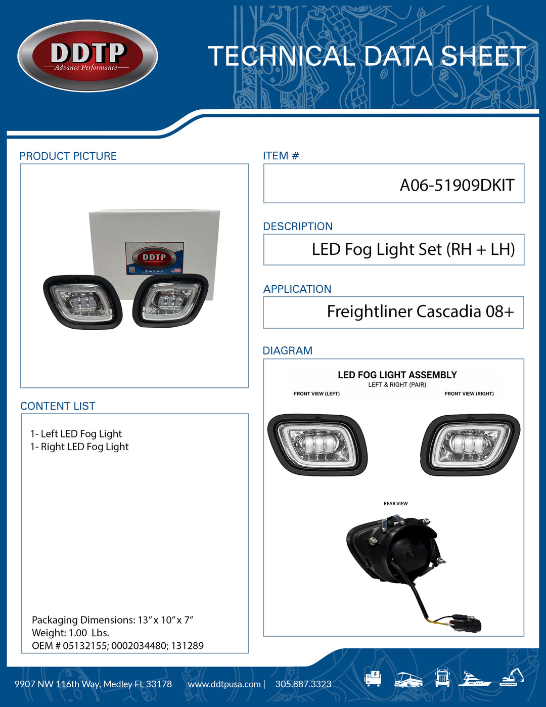 LED Fog Light Set (RH + LH)(Freightliner Cascadia 08+)(A06-51909-000, A06-51909-001)(A06-51909)