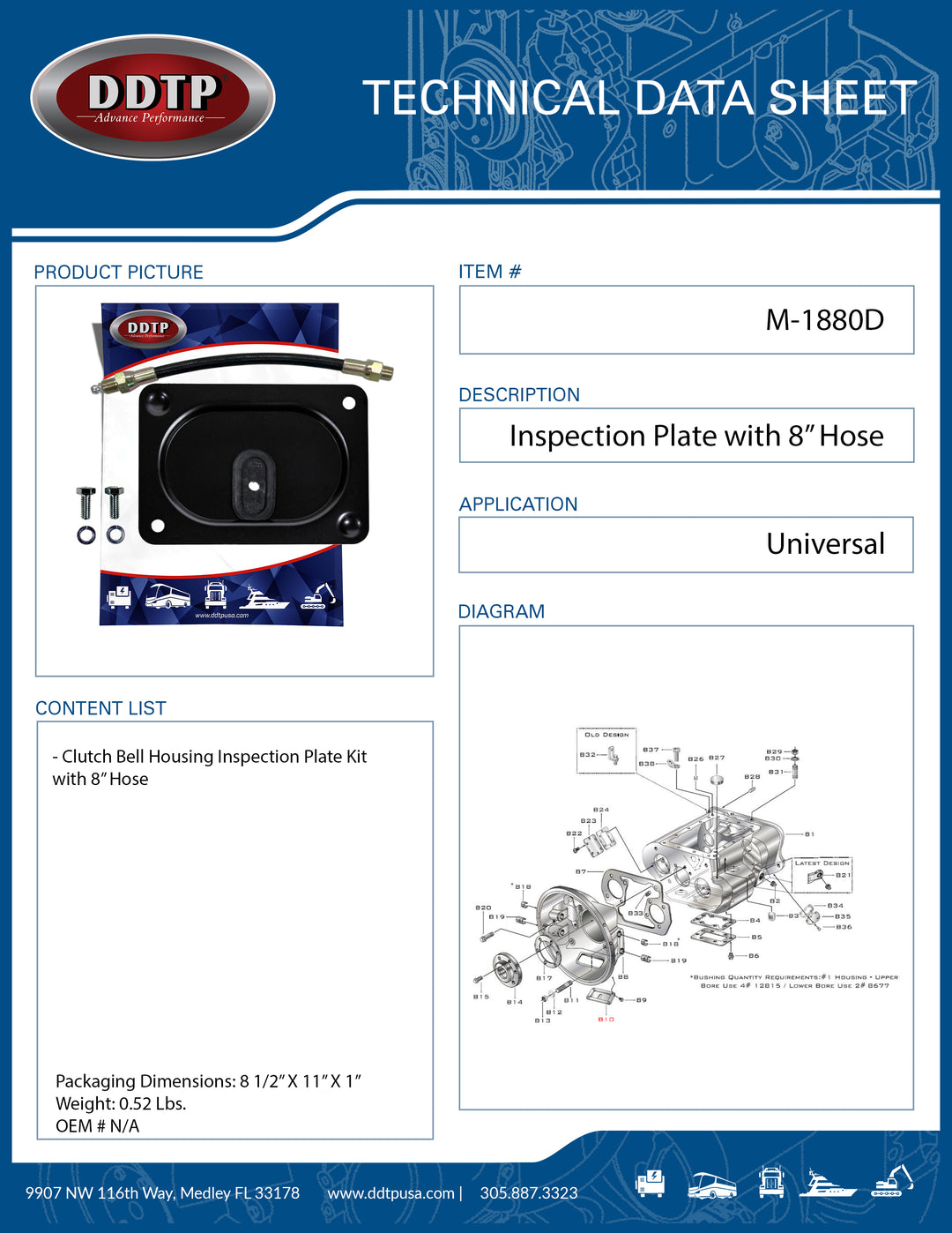 Clutch Bell Housing Inspection Plate Kit with 8" Hose