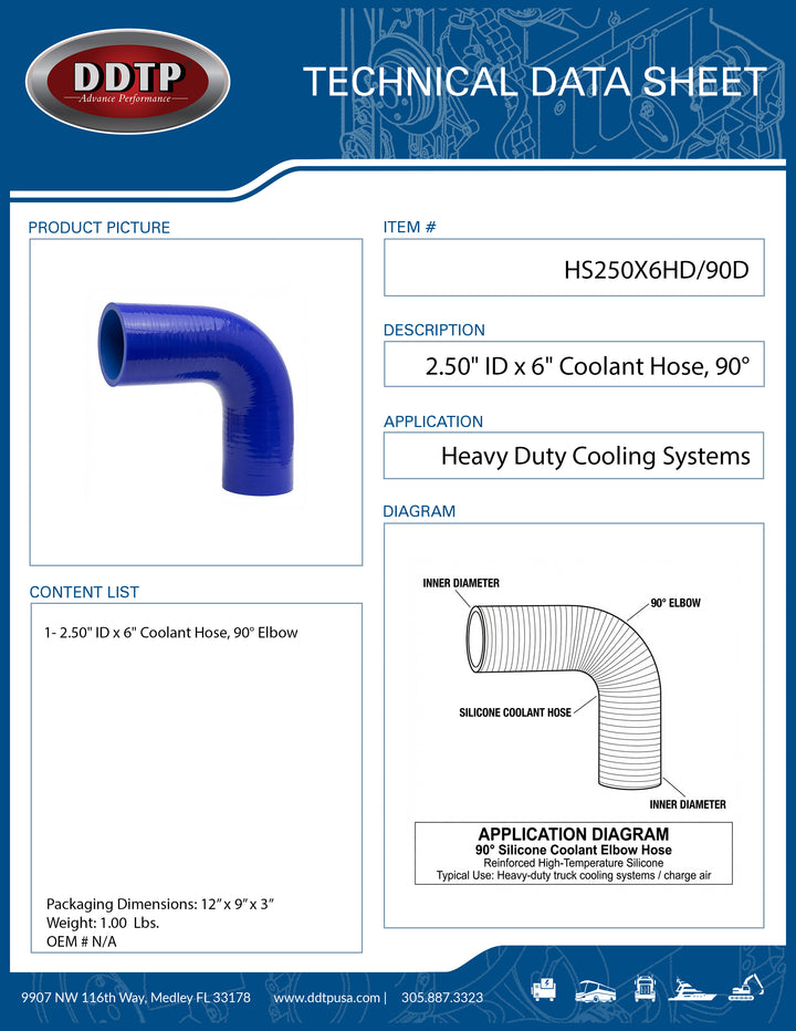 2.50" ID x 6" Long Silicone Coolant Hose, 90 Degree Elbow (HS250X6HD/90D)