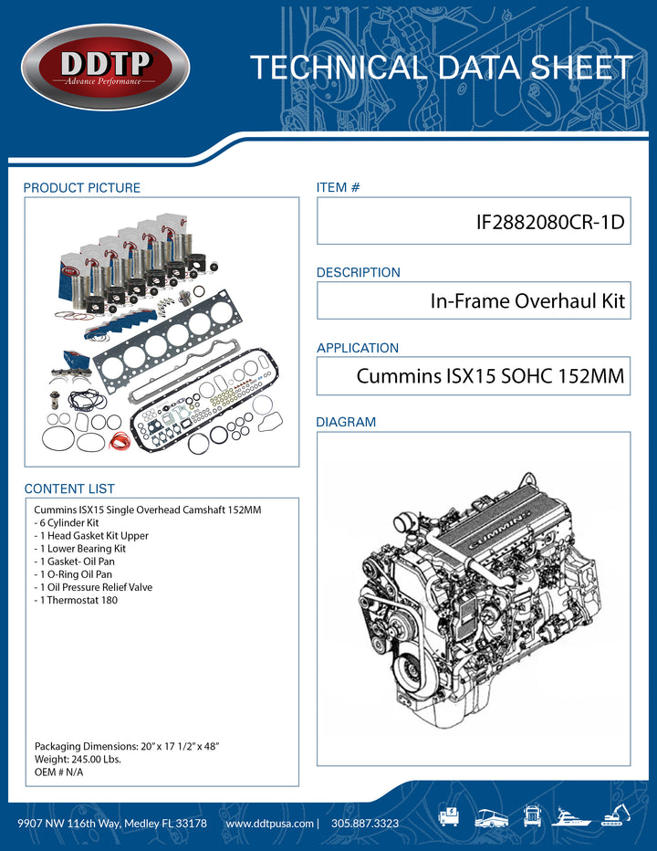 In-Frame Overhaul Cummins ISX15 Single Overhead Camshaft Kit 152MM Liner Cut Rod Bearings (2010-2017)