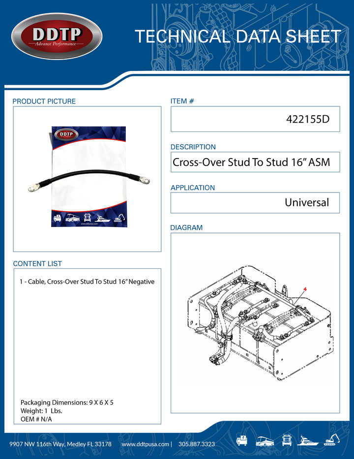 Cable, Cross-Over Stud To Stud 16" Negative ( 422155D )