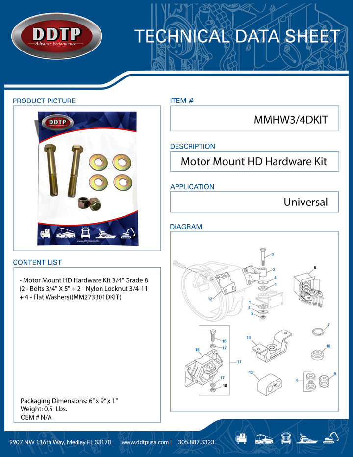 Motor Mount HD Hardware Kit 3/4" Grade 8 (2 - Bolts 3/4" X 5" + 2 - Nylon Locknut 3/4-11 + 4 - Flat Washers)(MM273301DKIT)