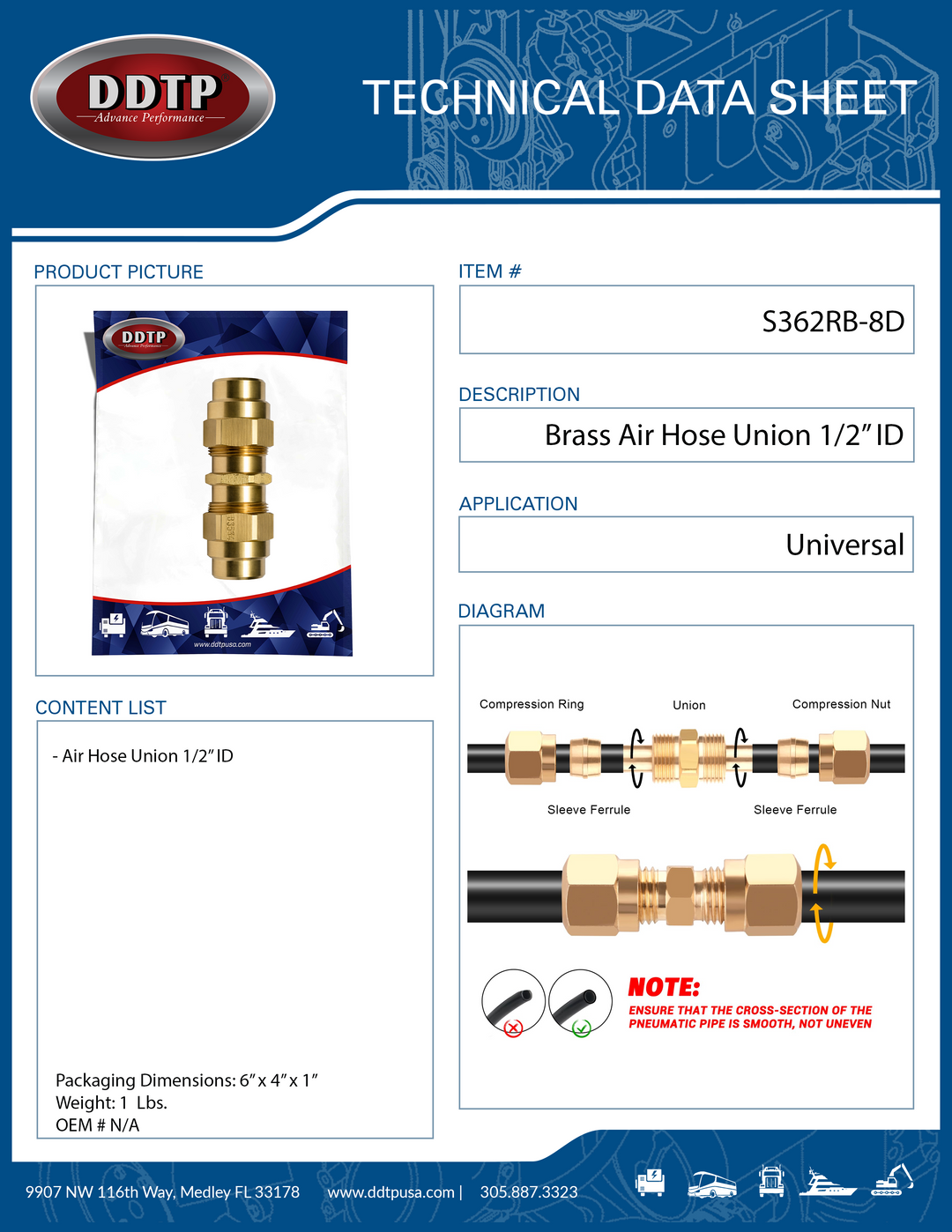 Air Brake Fitting Inch Hose Union 1/2" ID
