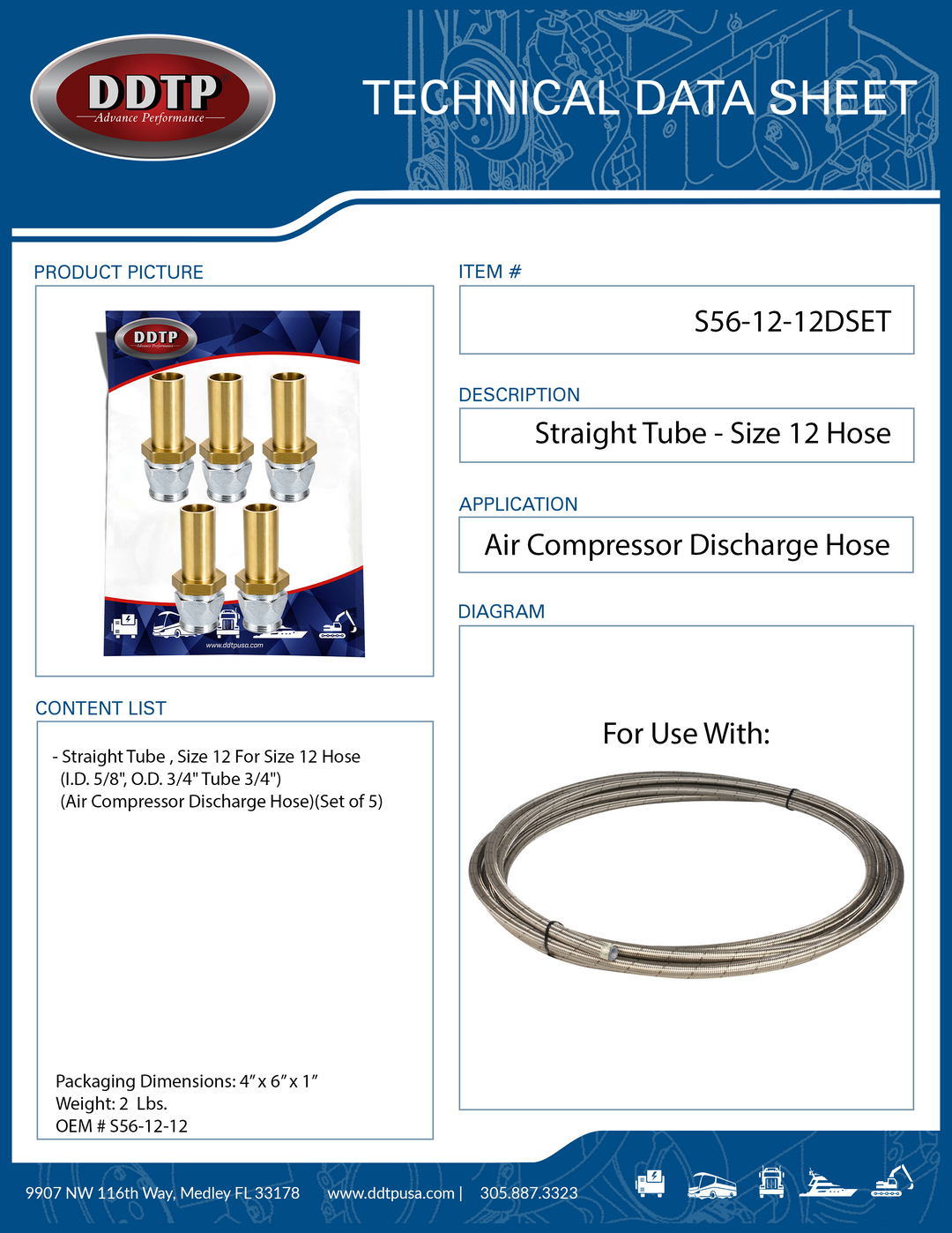 Straight Tube Fitting (Size 12 For Size 12 Hose) (Set of 5)