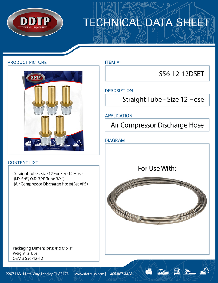 Straight Tube Fitting (Size 12 For Size 12 Hose) (Set of 5)