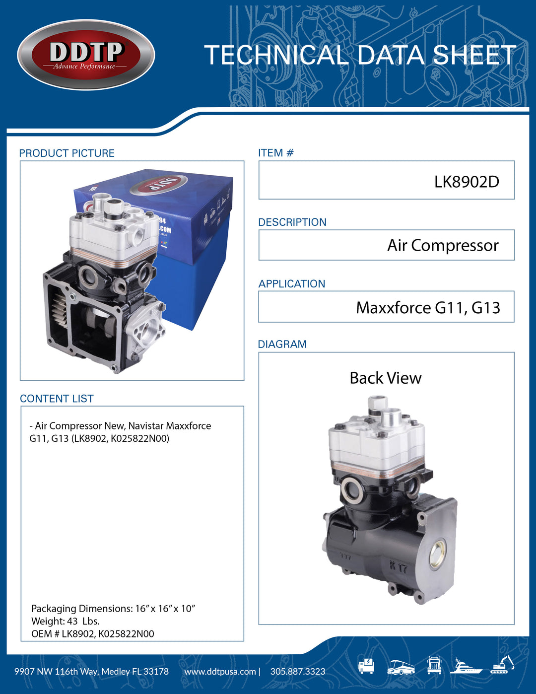Air Compressor New, Navistar Maxxforce G11, G13 (LK8902, K025822N00)