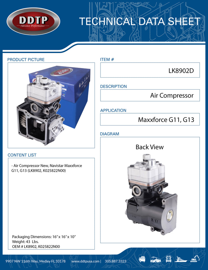 Air Compressor New, Navistar Maxxforce G11, G13 (LK8902, K025822N00)