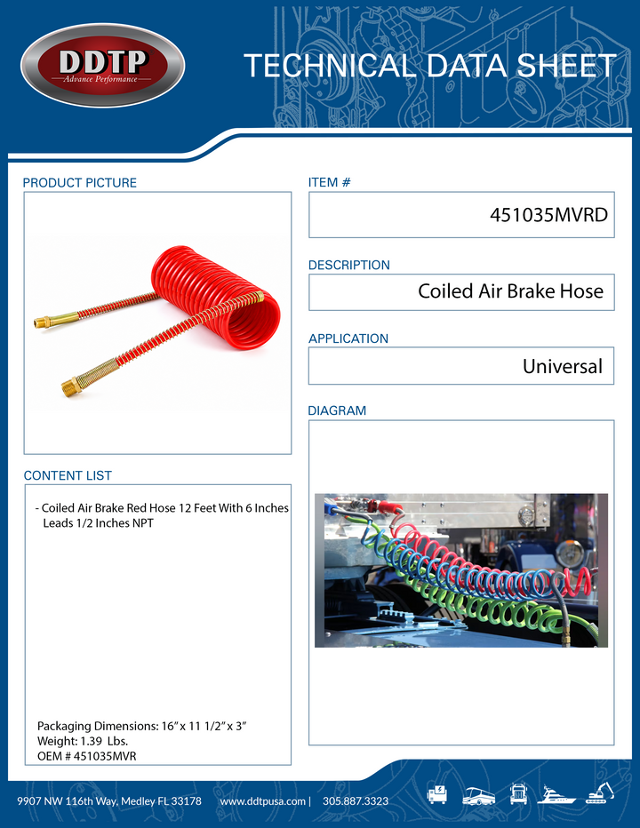 Aire en espiral rojo de 12 pies con cables de 6" y 1/2" NPT