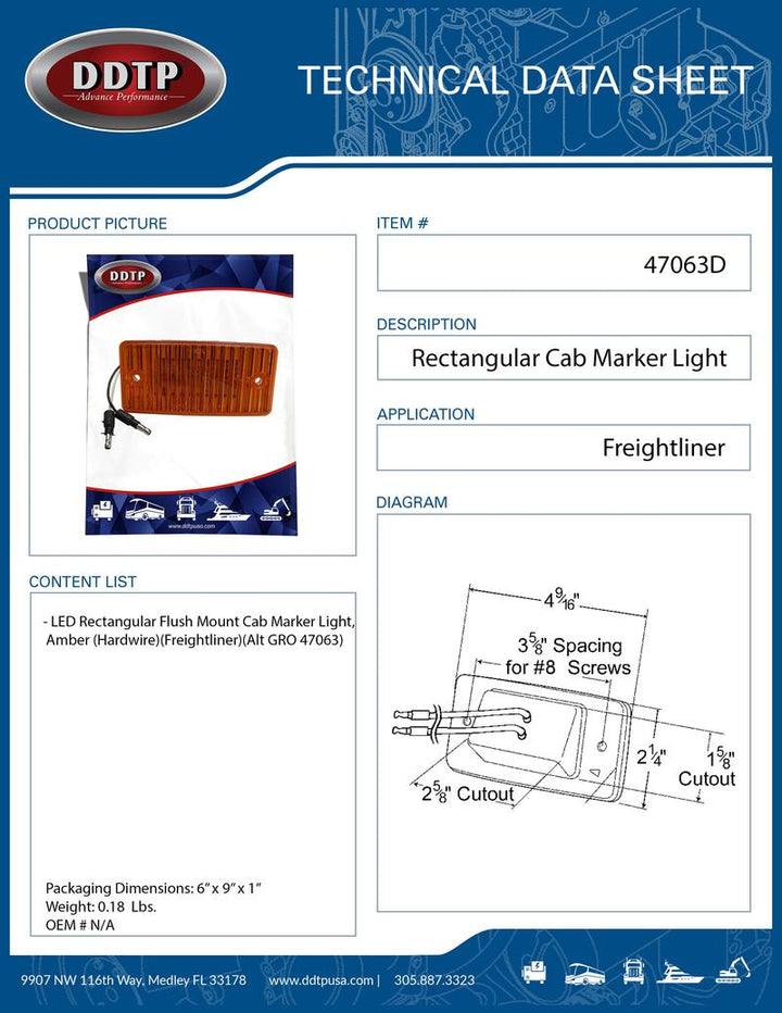 Amber LED Rectangular Flush Mount Cab Marker Light(Hardwire)(Freightliner)