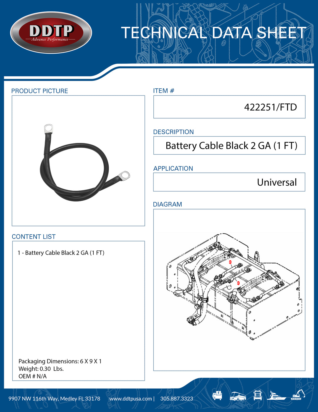 Battery Cable Black 2 GA  1 FT ( 422251/FTD )