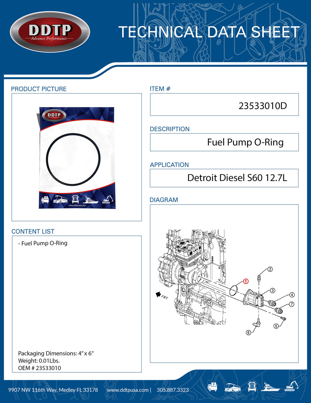 Fuel Pump O-Ring Detroit Diesel S60 12.7L EGR ( 23533010 )