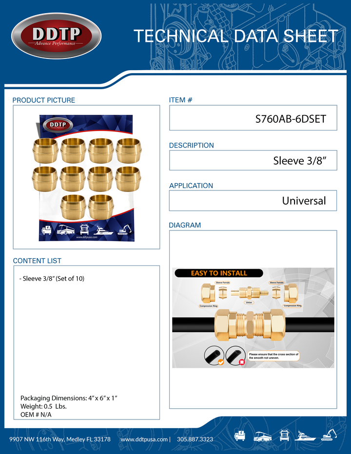 Brass Nylon Tube Sleeve 3/8" (Set of 10)