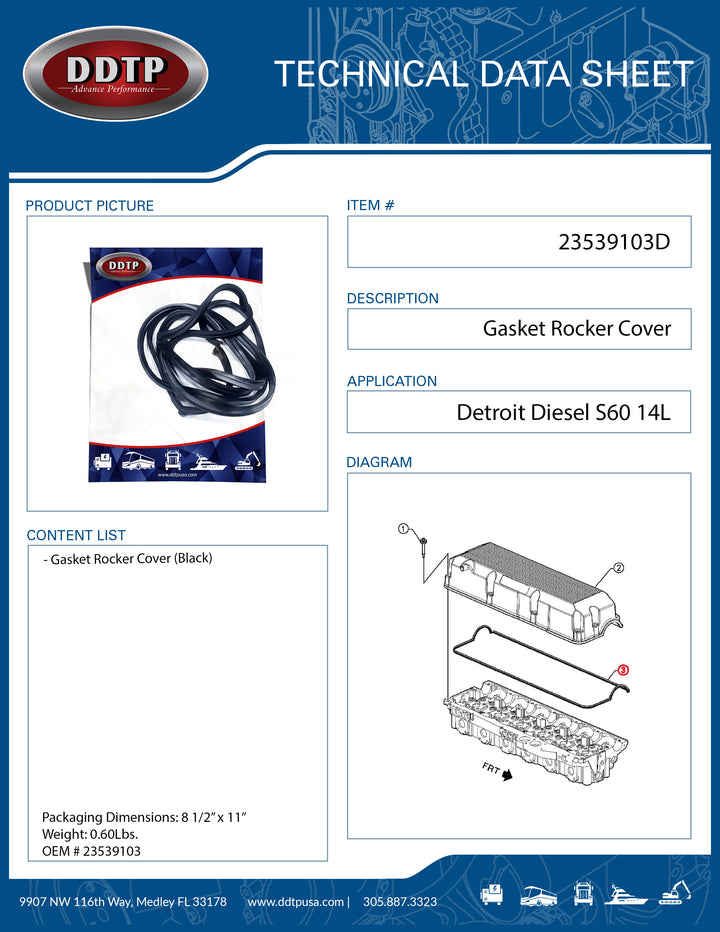Gasket Rocker Cover Black for Detroit Diesel Engine Series 60 12.7L and 14L ( 23539103 )