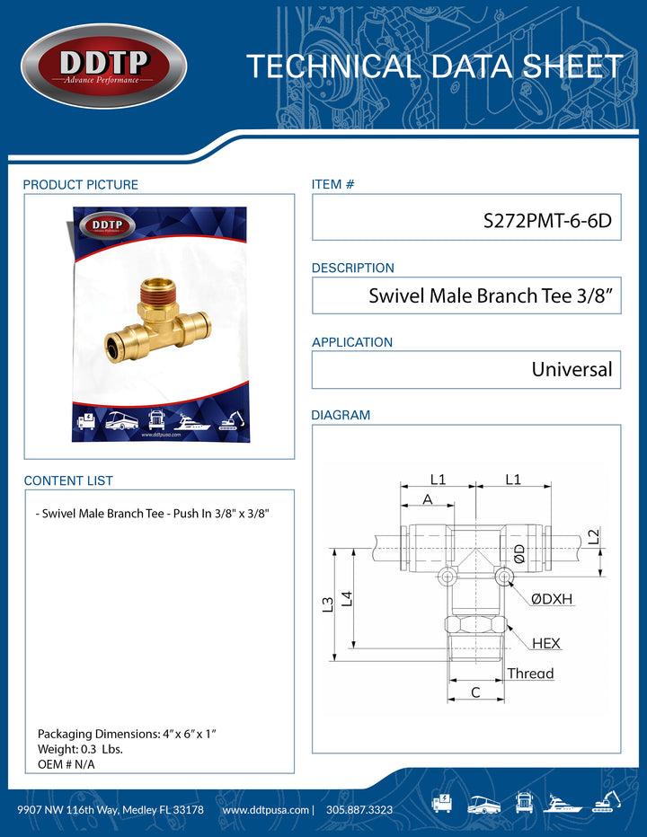 Brass Push-In Swivel Male Branch Tee 3/8"
