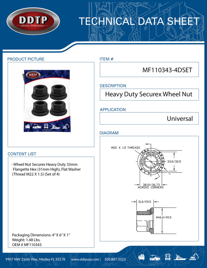 Heavy Duty Wheel Nut Securex 33mm Flangette Hex (31mm High), Flat Washer (Thread M22 X 1.5) (Set of 4)