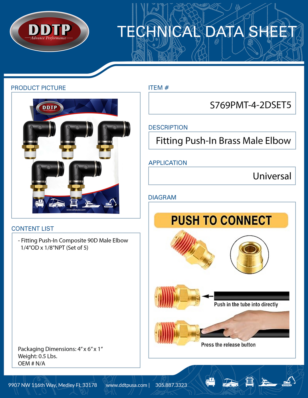 Codo macho compuesto de 90°, 1/4" de diámetro exterior x 1/8" NPT (juego de 5)