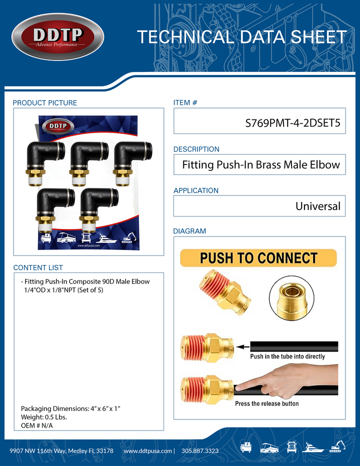 Codo macho compuesto de 90°, 1/4" de diámetro exterior x 1/8" NPT (juego de 5)