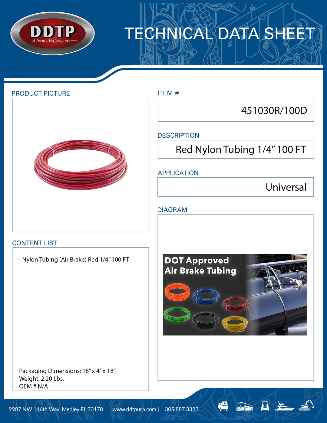 Red Nylon Tubing (Air Brake) 1/4" 100 FT