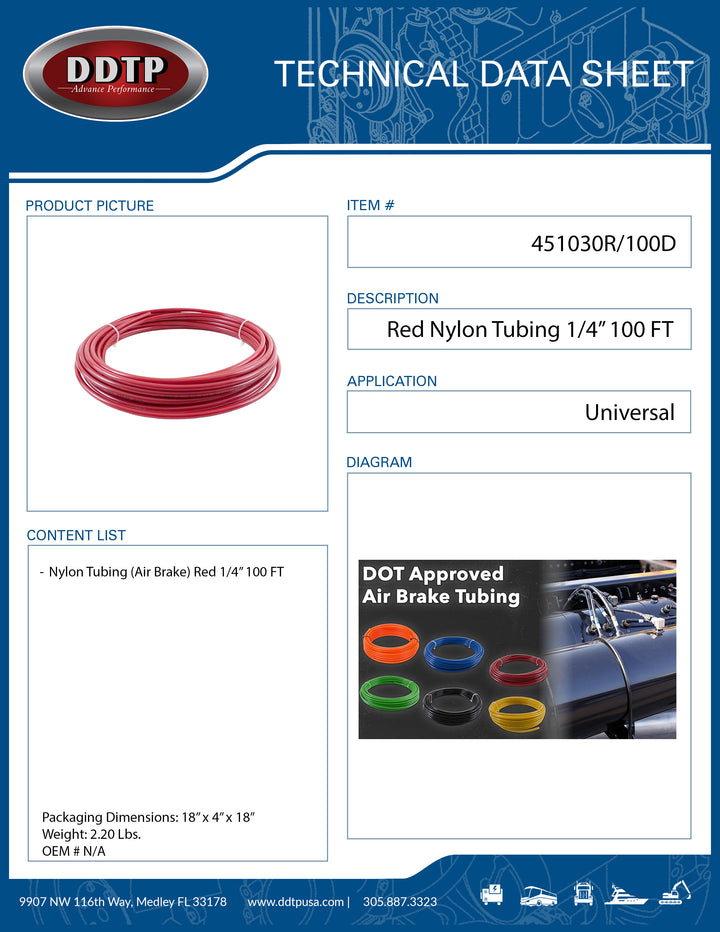 Red Nylon Tubing (Air Brake) 1/4" 100 FT