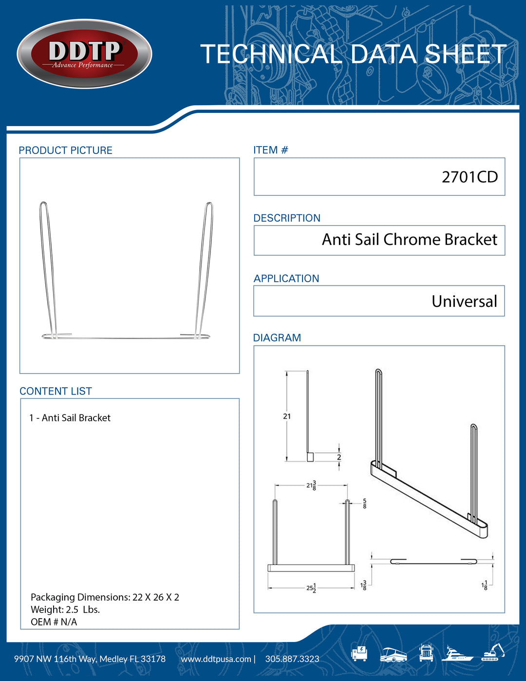 Anti-Sail Bracket Chrome for Mud Flap 21" x 24"