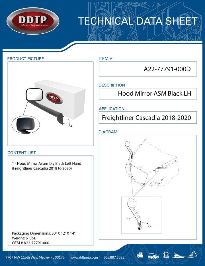 Black Hood Mirror Left Hand Freightliner Cascadia 2018-2020